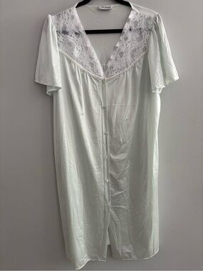 Vintage French Maid Mint Green Satin Lace Nightgown Button Front Size Large XL